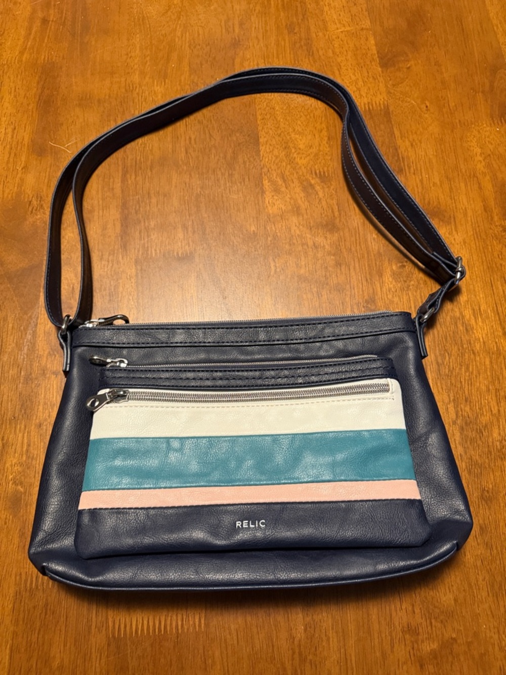 Vintage Relic by Fossil Faux Leather Crossbody Bag w/Teal, Cream & Pink Stripes